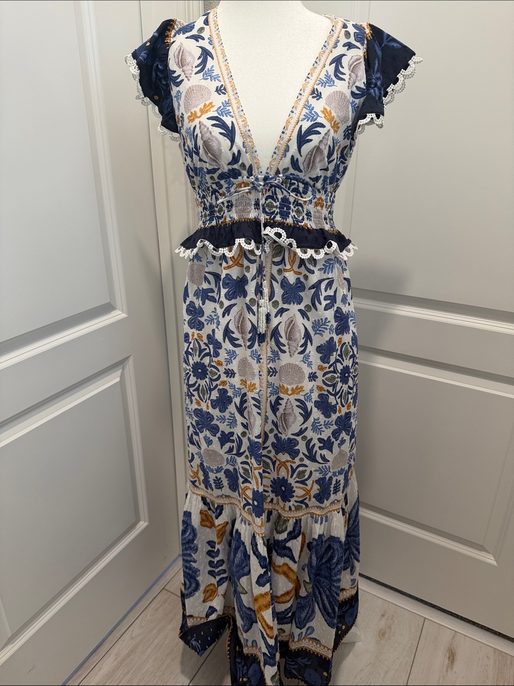 Boho Floral Maxi Dress in Blue and White